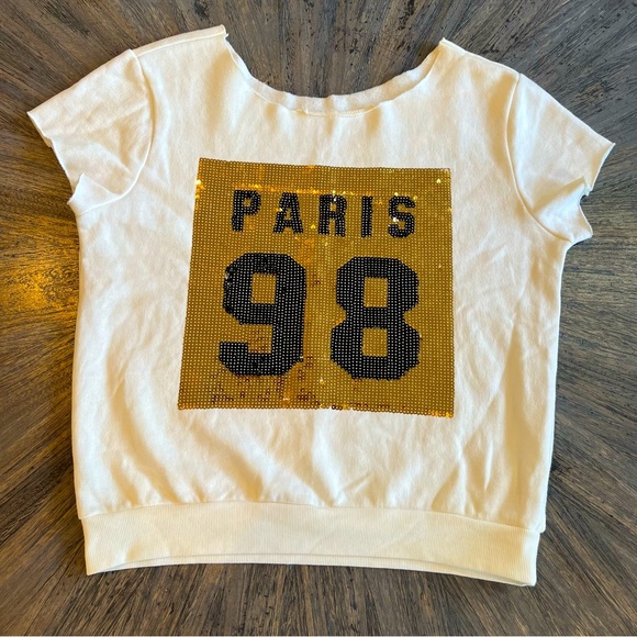 Forever 21 Paris 98 Sequin Cropped Sweatshirt Tee – White – Medium - Picture 1 of 7